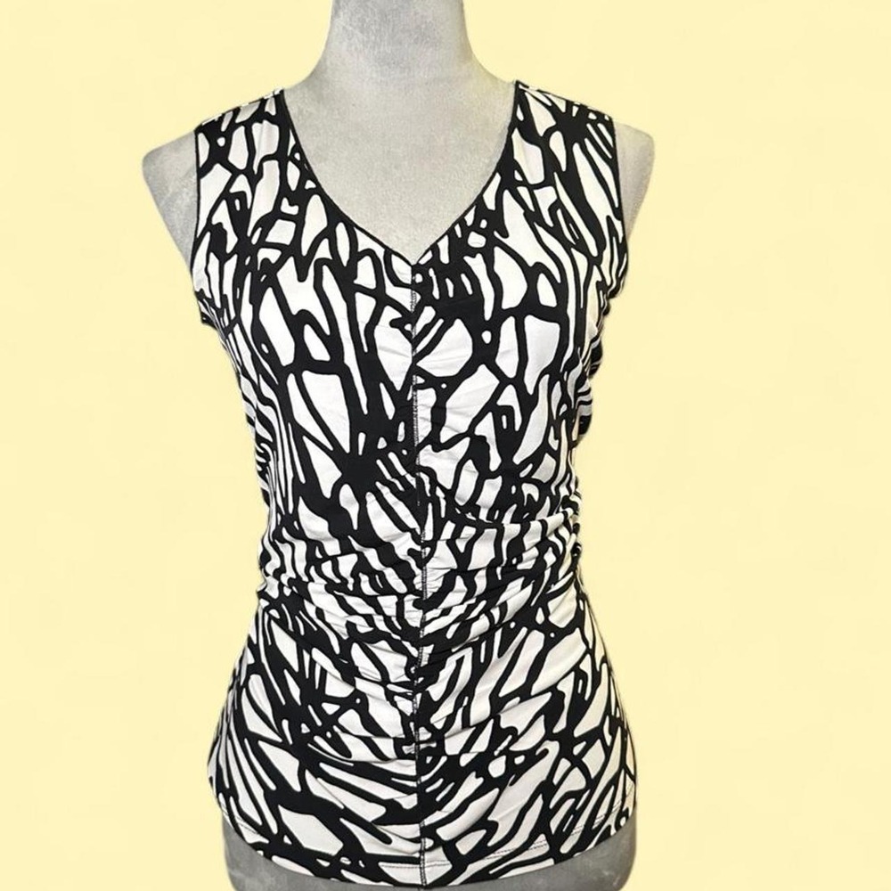 Calvin Klein Abstract Graphic V Neck Ruched Tank Top Women Small Black White